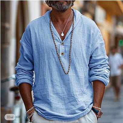 Long Sleeve Linen Blend V-Neck Men Shirt