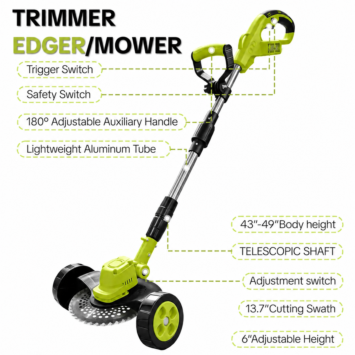 21V cordless lawn tool specifications and adjustable shaft