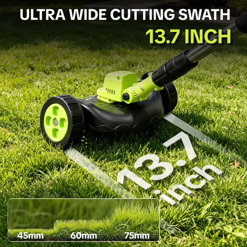 21V cordless lawn tool with source-stated 13.7-inch cutting swath