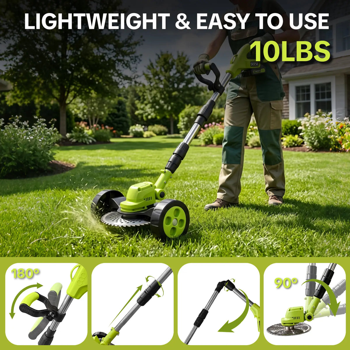 21V cordless lawn tool in a garden setting