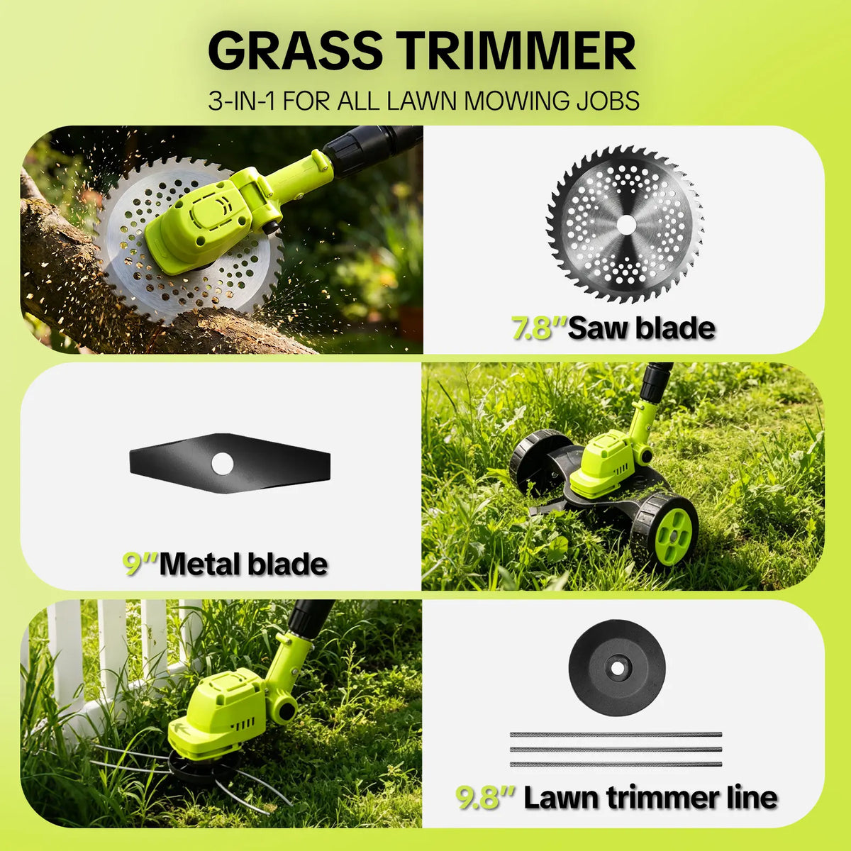 21V cordless lawn tool with supplied cutting accessory types