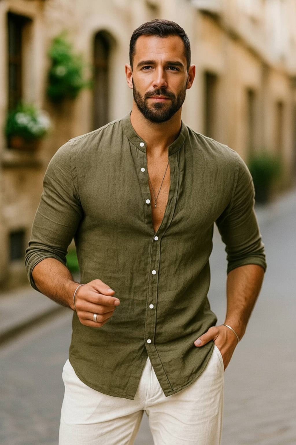 Men's Natural Linen Shirt With Three-Quarter Roll-Up Sleeves