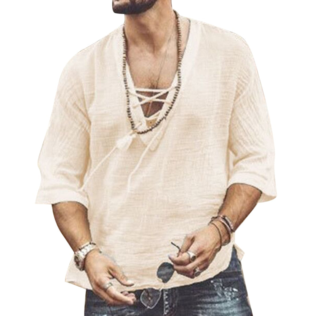 Men Open Collar Drawstring Summer Shirt