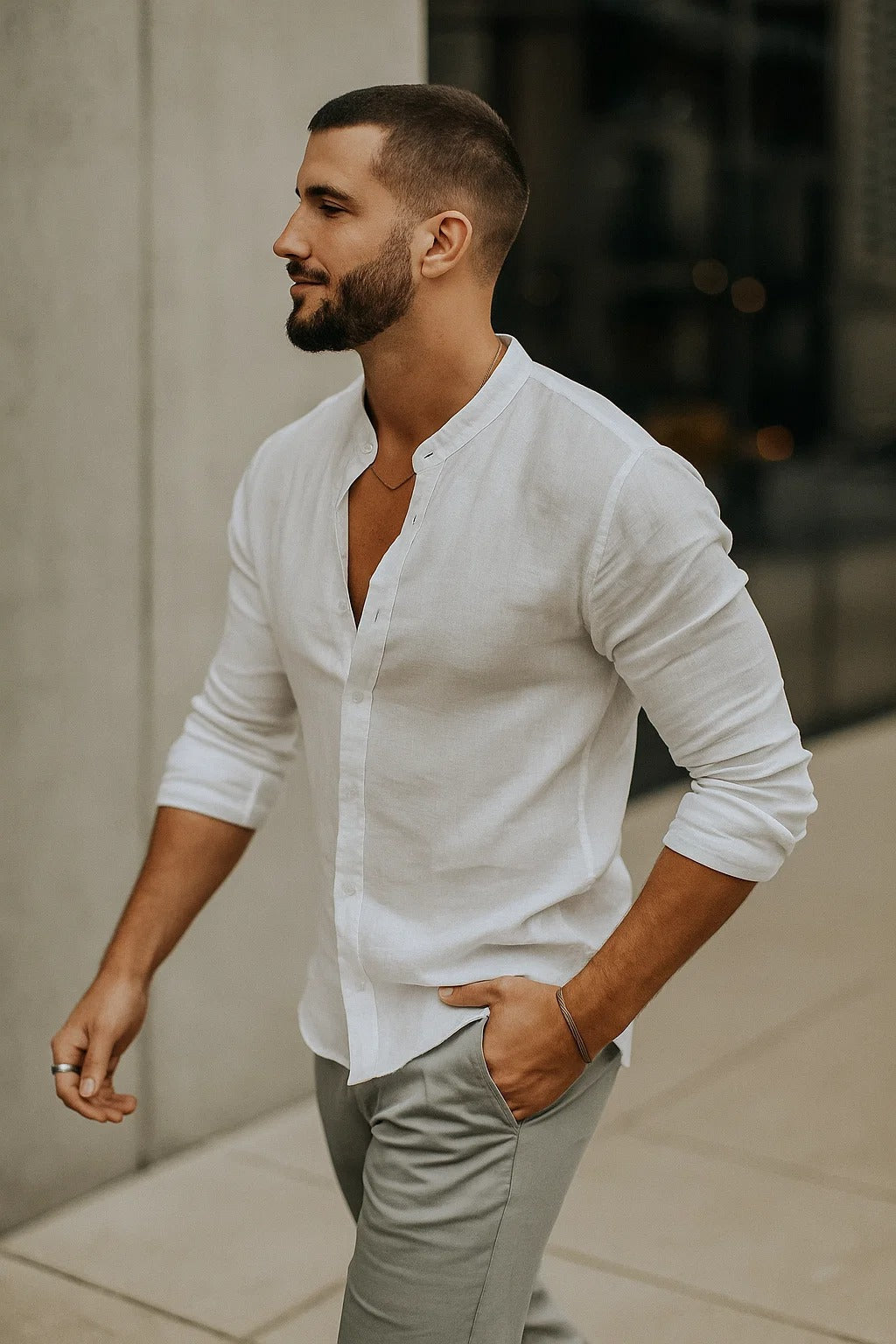 Men's Natural Linen Shirt With Three-Quarter Roll-Up Sleeves