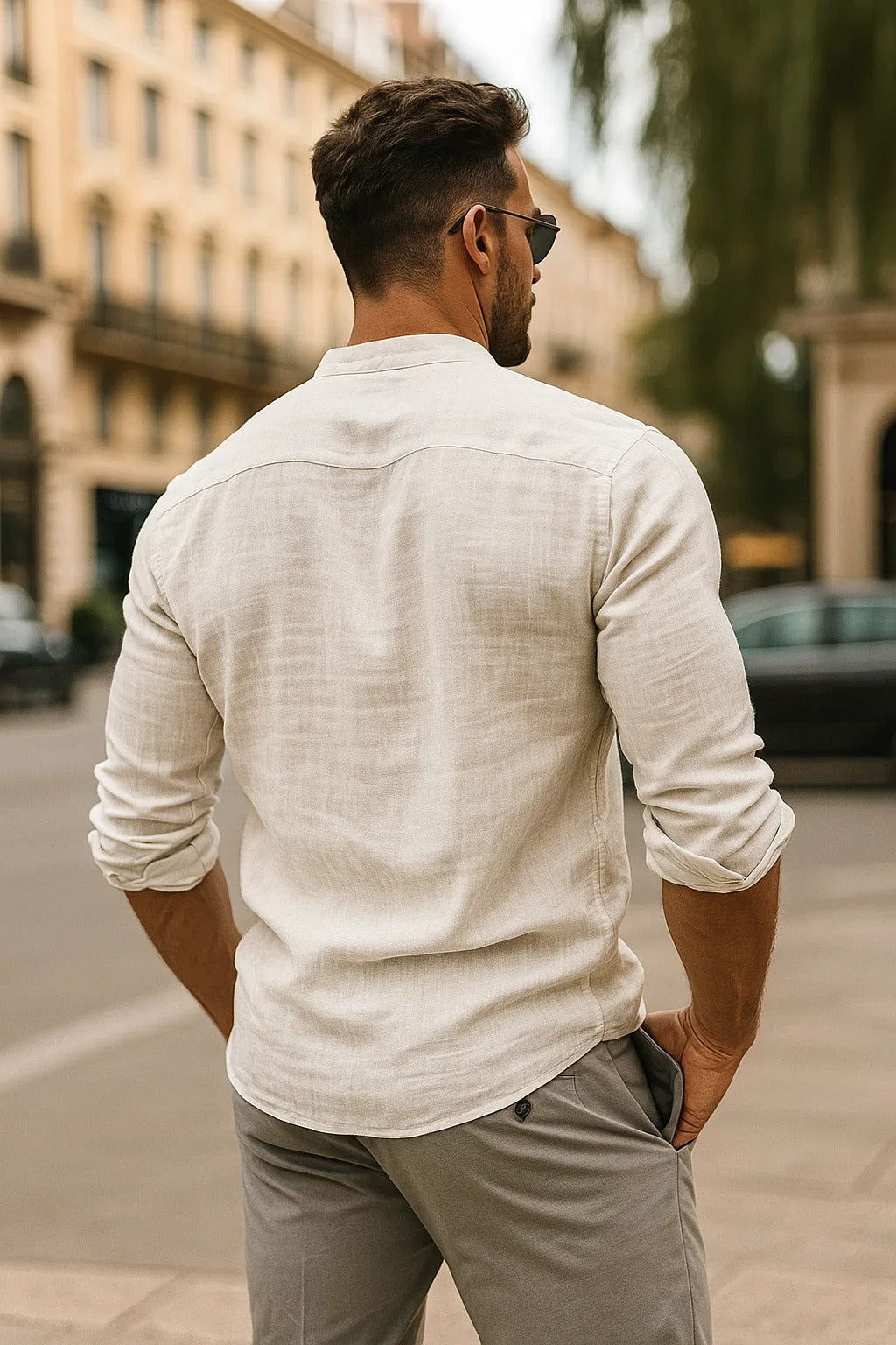 Men's Natural Linen Shirt With Three-Quarter Roll-Up Sleeves
