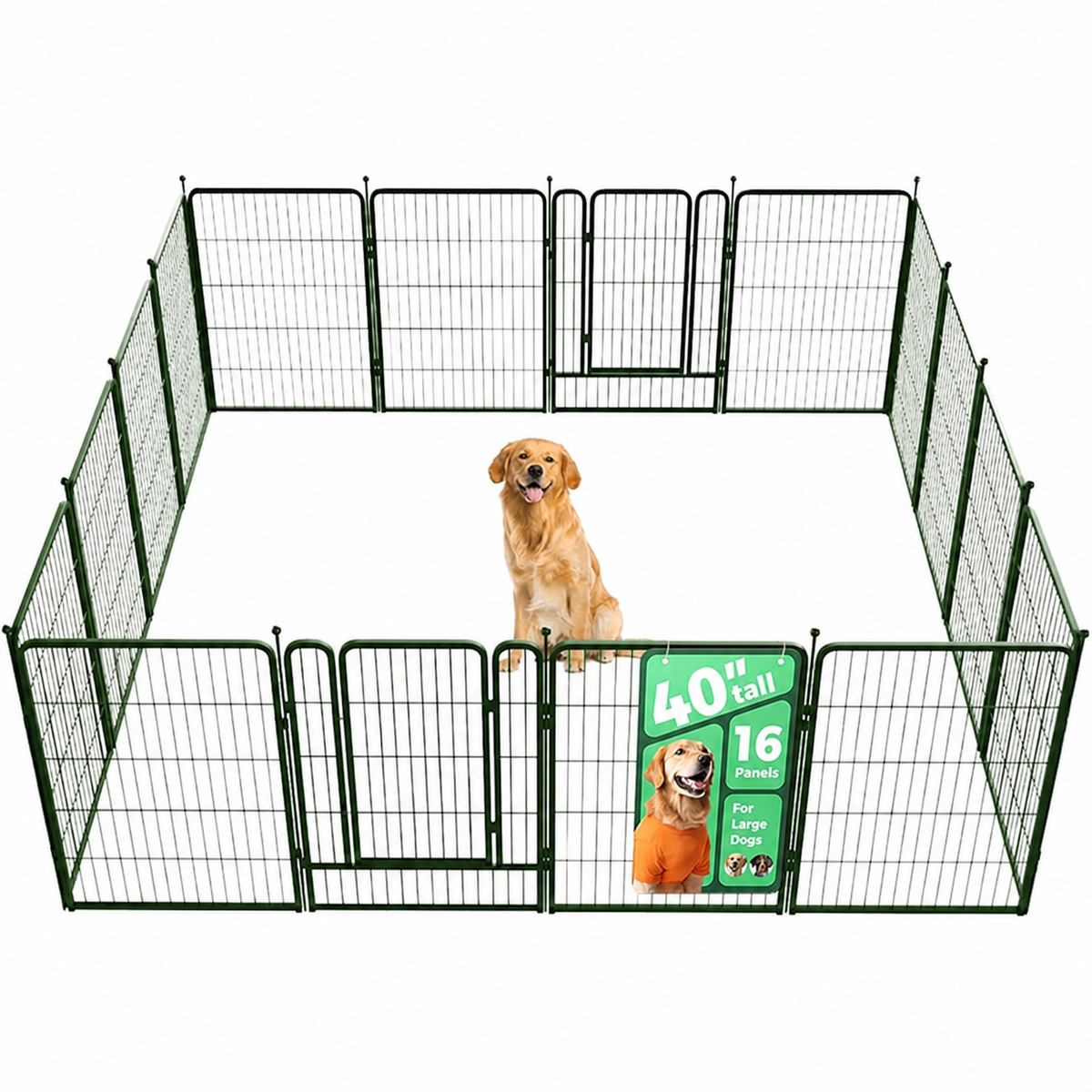 Green 40-inch 16-panel metal dog playpen