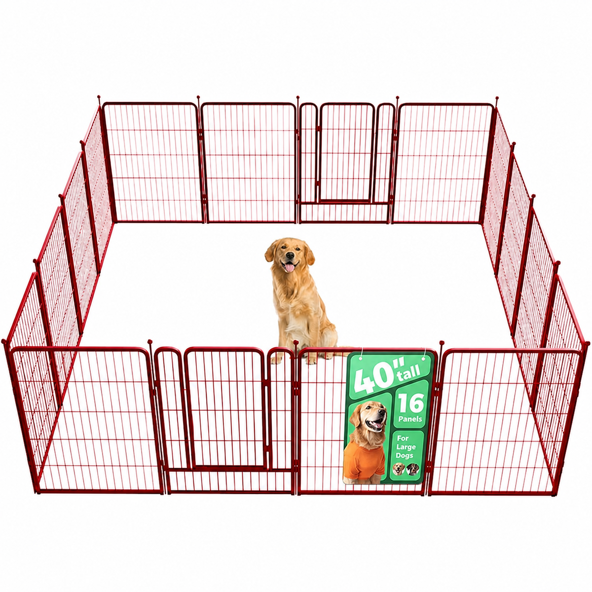 Red 40-inch 16-panel metal dog playpen