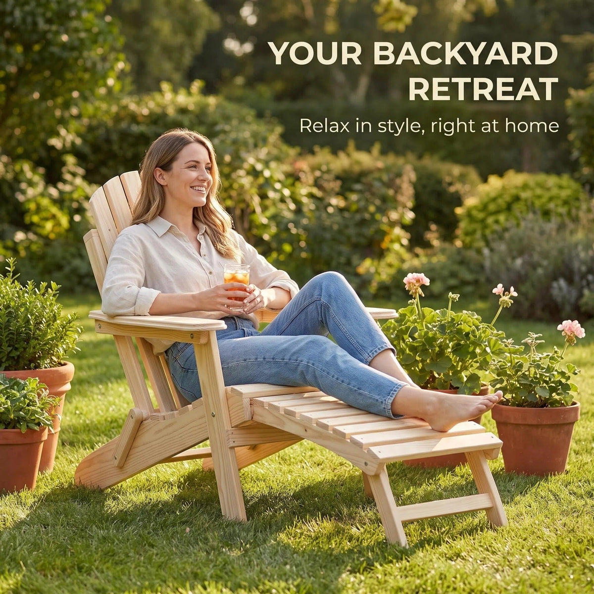 Folding Wooden Adirondack Chair with Footrest product view 7