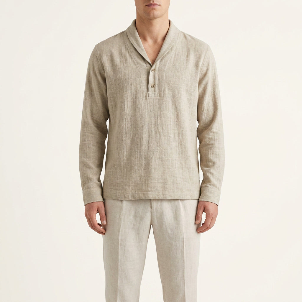 Long Sleeve Linen Blend V-Neck Men Shirt