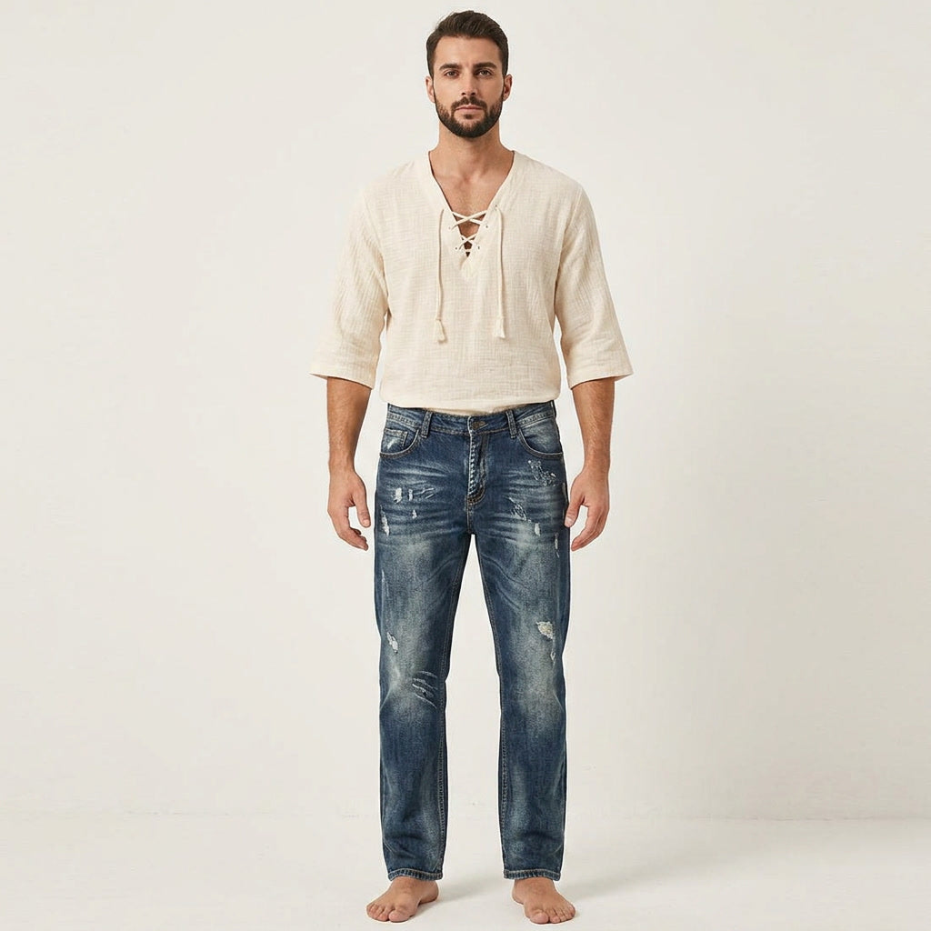 Men Open Collar Drawstring Summer Shirt