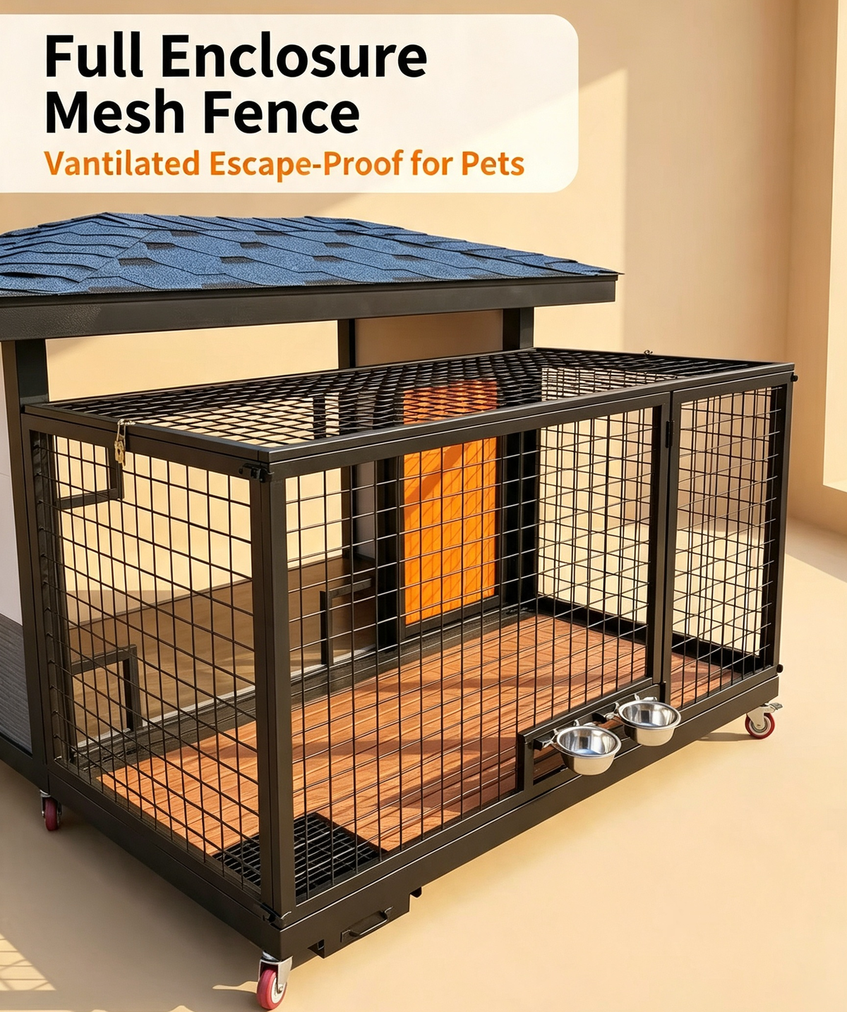 Outdoor Dog House with Wheels and Feeding Bowls product view 5